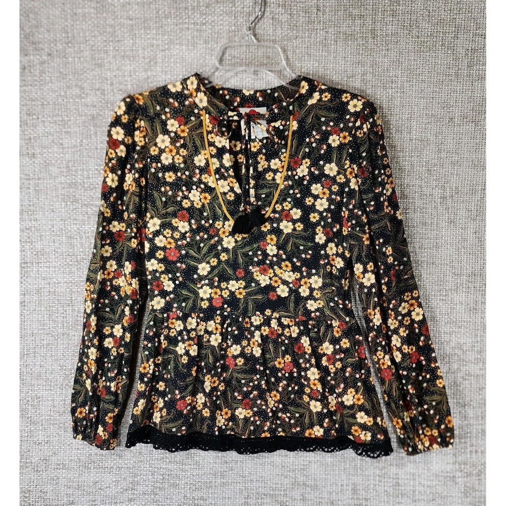 Farm Rio Anthropologie Sayen Floral Peasant Top Womens XS Black Gold V-Neck